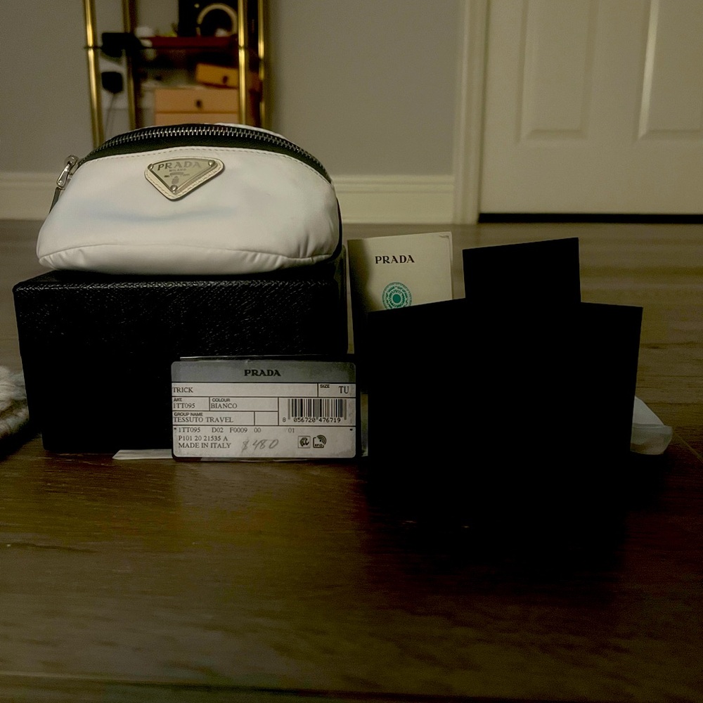White Prada stretch enamel travel pouch